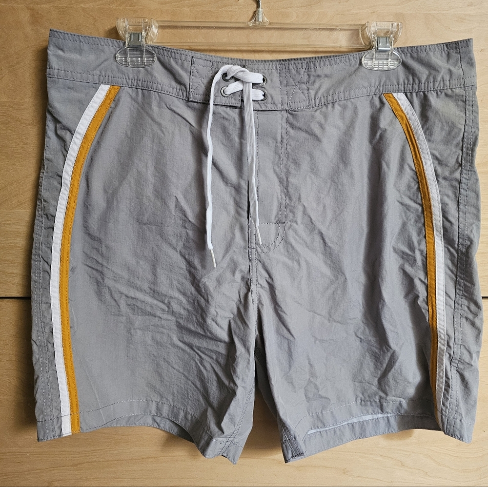 Men's Gray Swim Trunks with Yellow and White Stripe